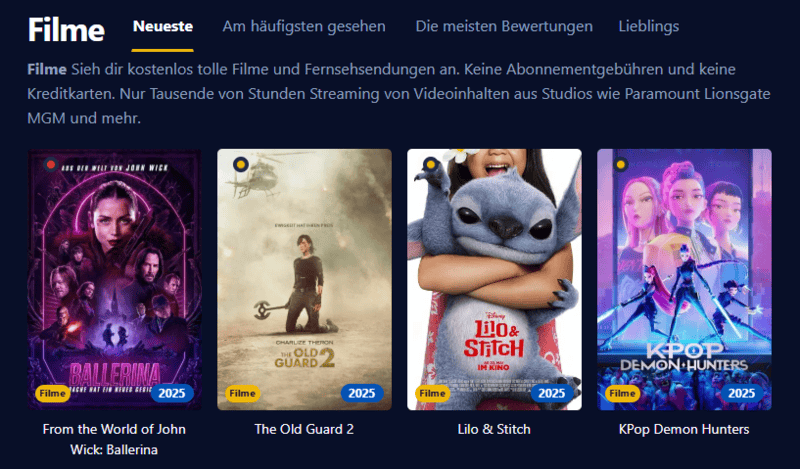 Screenshot der Filmpalast Benutzeroberfläche die verschiedene Filmtitel und Serienepisoden zeigt